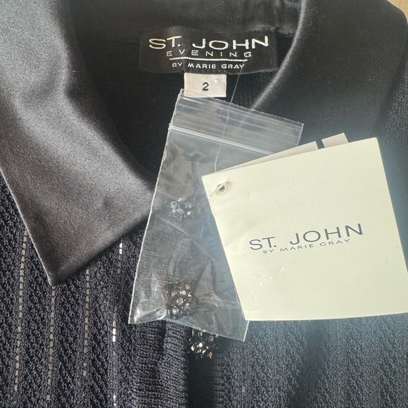 ST JOHN Evening Black Long-Sleeve Belted Shirt Dress • Sparkle Knit • Satin NWT - Picture 10 of 17
